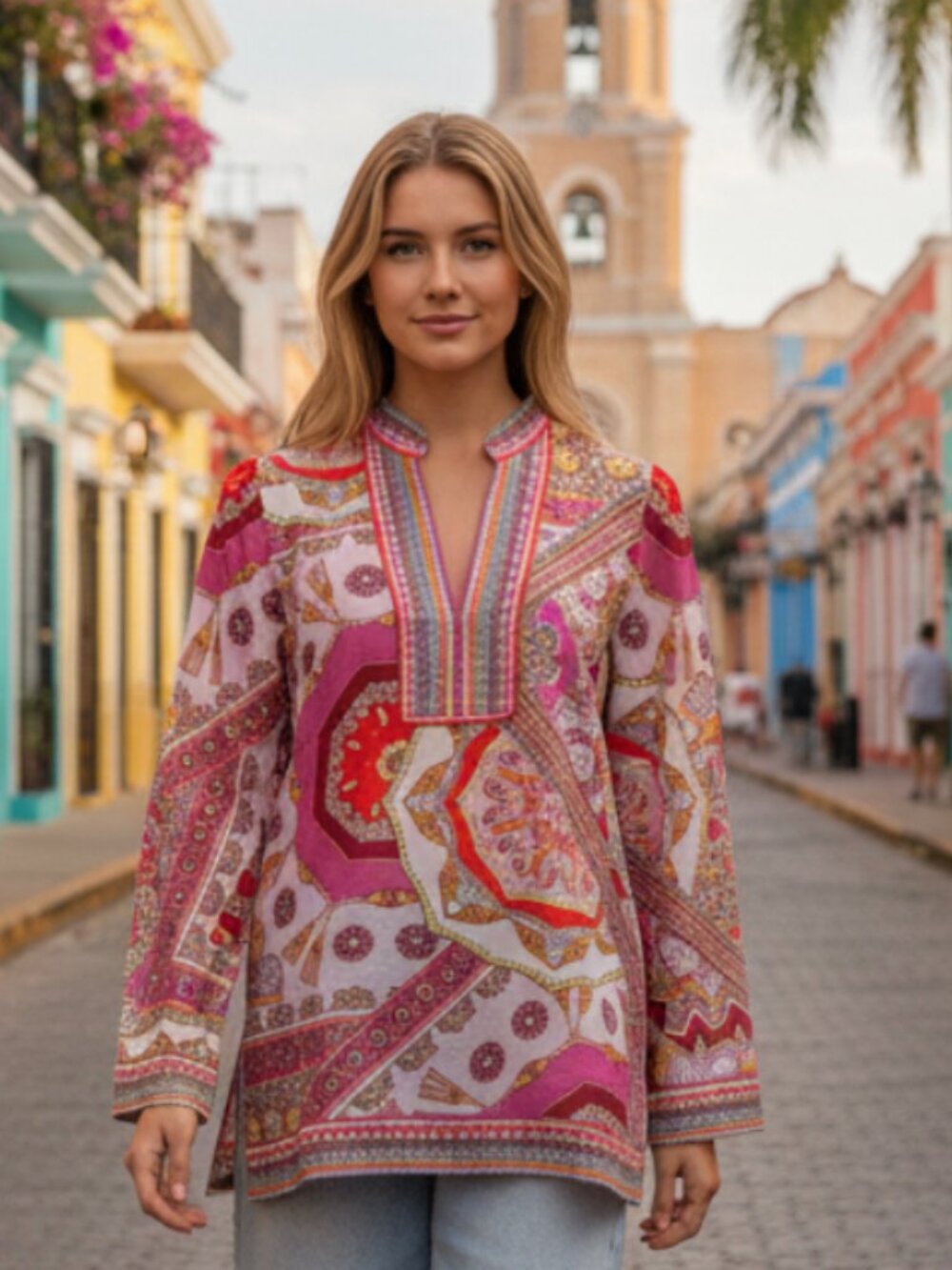 NWT HALE BOB Joanna Voile Fuchsia Beaded Long Flared Sleeve Tunic Top Silk Blend